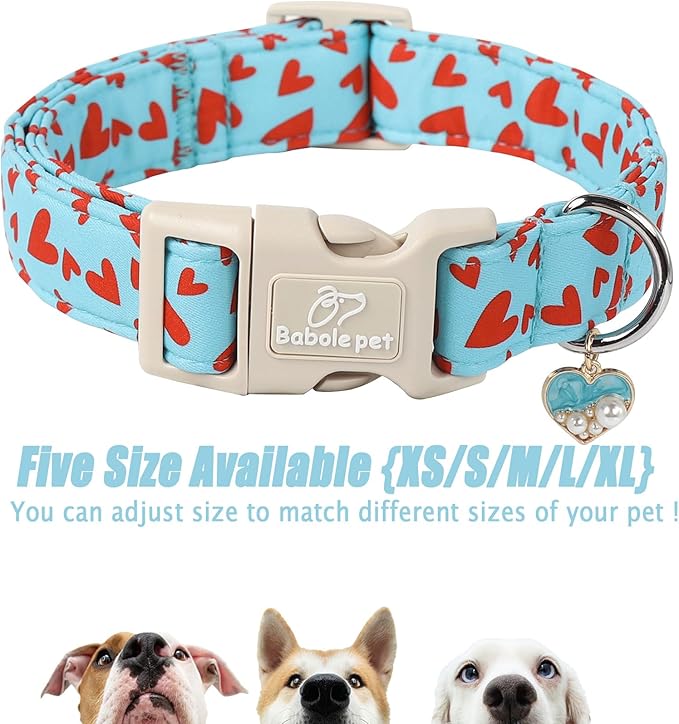 Valentines Dog Collar for Large Dogs - Cute Valentine Blue Dog Collars, Adjustable Puppy Red Hearts Collar with Quick Release Buckle for Boys&Girls Dogs L