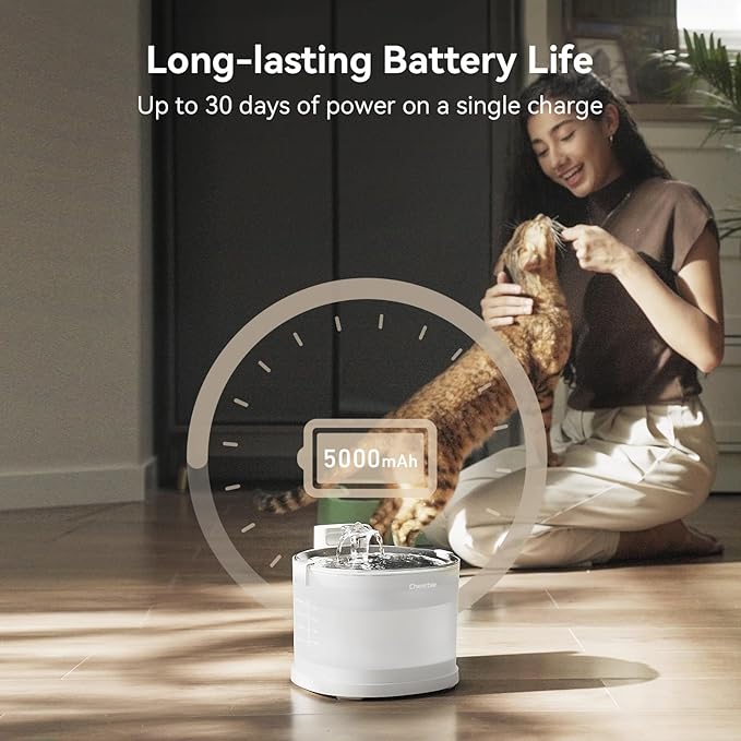 Cheerble Pumpless Cat Water Elfin Fountain, Wireless Pet Fountain Battery Operated, 2L/67oz E1+ Automatic Water Dispenser Cats & Dogs MagDrive™ Technology Stainless Steel Tray, No Cleaning Hassle