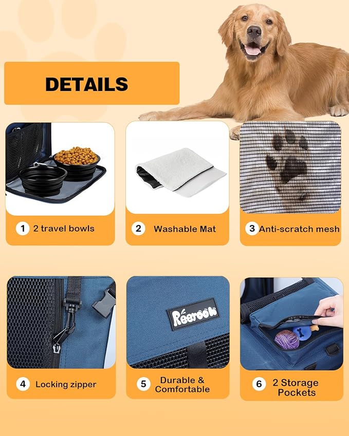 Extra Large Dog Crate with 2 Foldable Bowl, 40 Inch Collapsible Travel Dog Crate Kennel with Soft Blanket for Medium Dogs,Indoor & Outdoor (40" L x 27" W x 27" H, Navy)