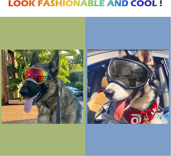 Large Dog Sunglasses, Dog Goggles with Adjustable Strap UV Protection Winproof Dog Puppy Sunglasses, Suitable for Medium-Large Dog Pet Glasses, Dogs Eyes Protection
