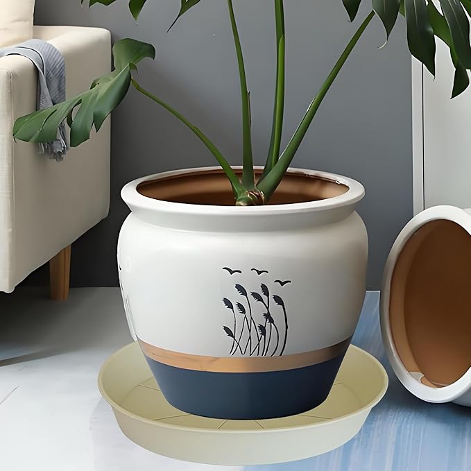 4 Pack of 16 17 inch Plant Saucer (15 inch Base), 2.3" Depth, Heavy Duty Deep Plant Trays for Pots, Plant Saucers for Indoors, Bird Bath Bowls, Drip Trays for Planter (17", Beige)