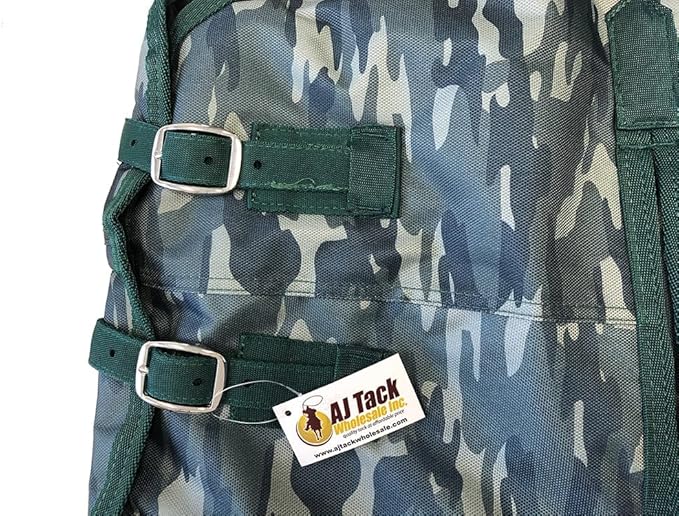 AJ Tack 1200D Waterproof Winter Horse Blanket with Hood - 400g Heavyweight Turnout with Fleece Collar, Shoulder Gussets & Tail Flap - Camouflage 74"