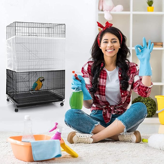 Shappy 2 Pieces Adjustable Bird Cage Seed Catcher Birdcage Cover Nylon Mesh Netting Soft Skirt Guard for Parrot Parakeet Macaw Round Square Cage(118 x 14.6 Inch,Black)
