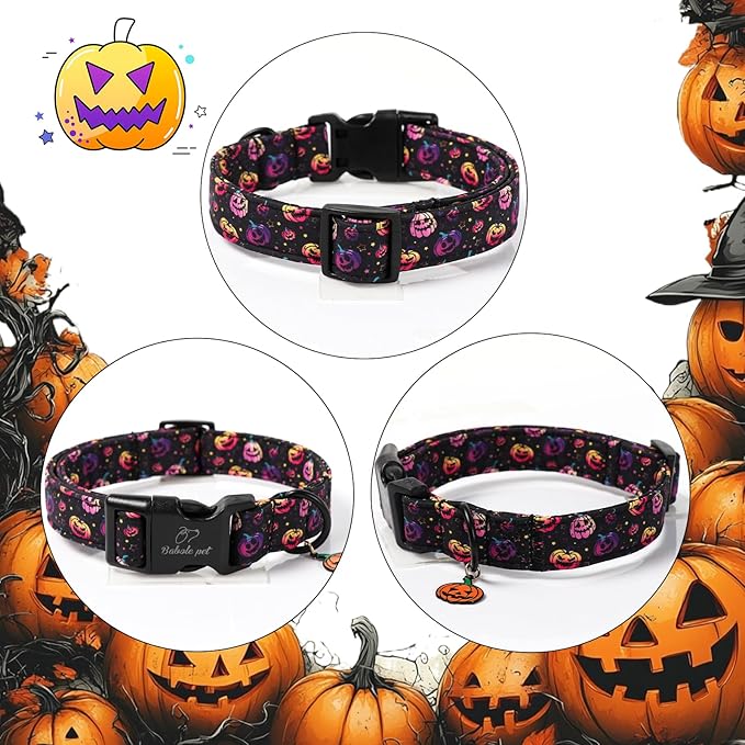 Halloween Dog Collar Spooky Fun Pumpkin Puppy Collar - Light Comfortable Adjustable Pet Collars for Small Medium Large Girl Boy Dogs XL