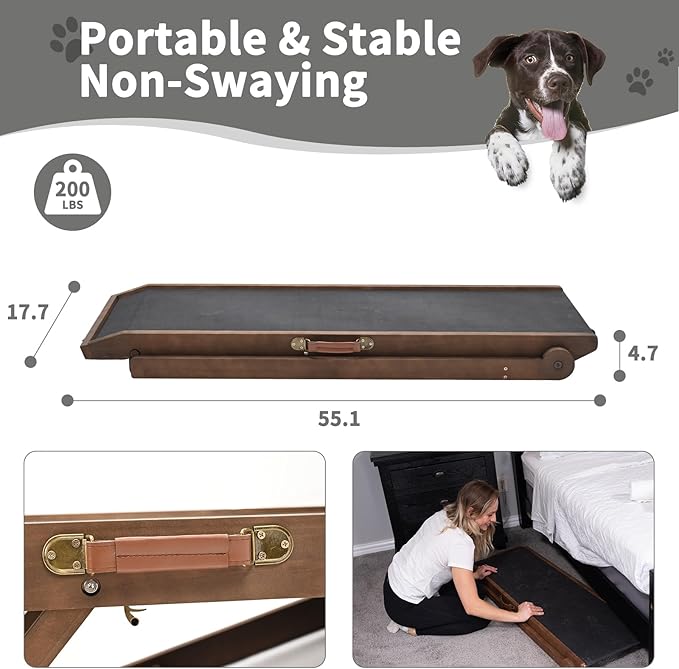 ABORON Dog Ramp,Adjustable Folding Pet Ramp for Bed,Couch,SUV - High Traction Portable Rubber Paw Ramps,Great for Small & Large Old Dogs & Cats, Supports up to 200 lbs,55''Long