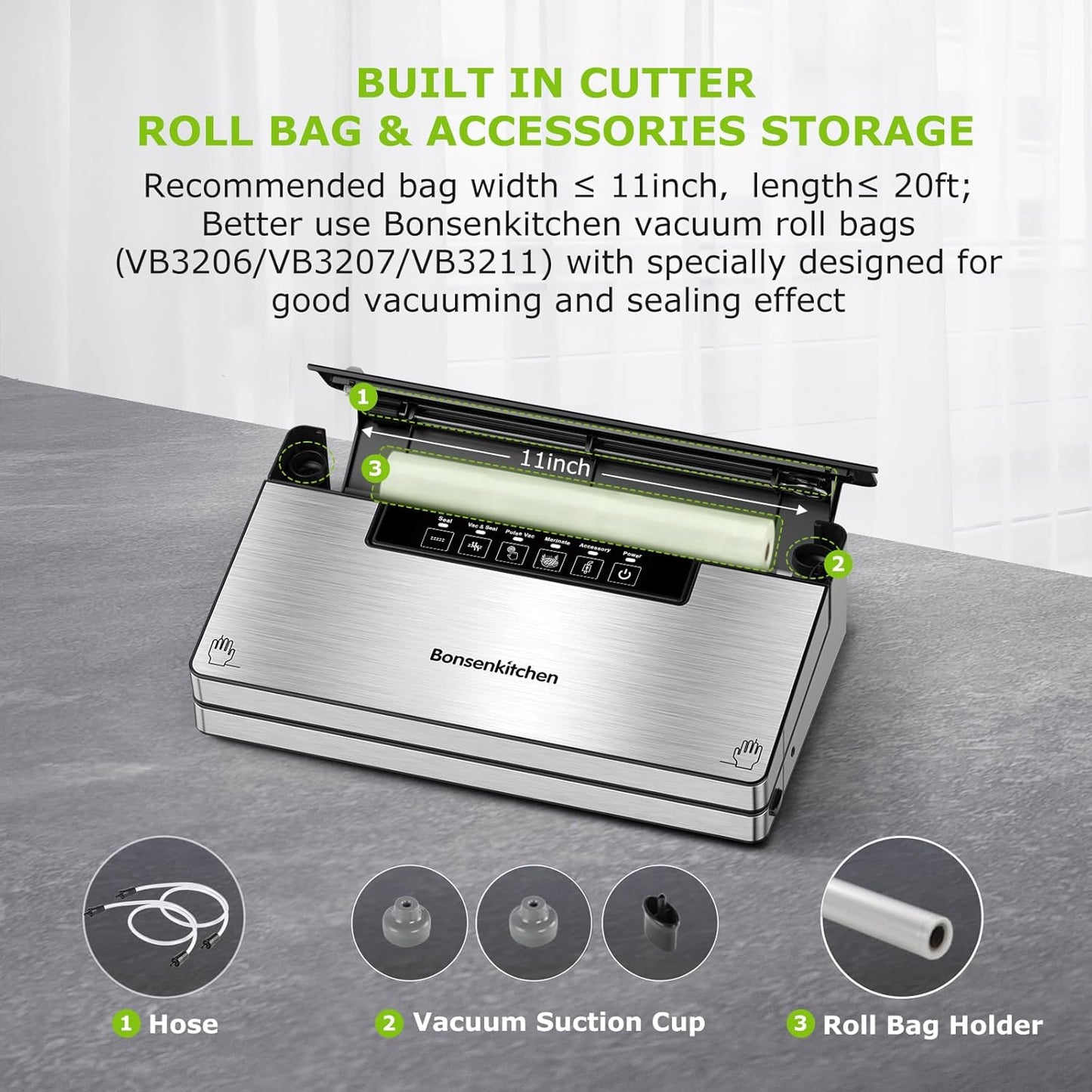 Bonsenkitchen Vacuum Sealer Machine, Stainless Steel Food Sealer Vacuum Sealers with 100 Bags & 1 Roll, 5 Food Vacuum Modes, Built-in Cutter & Bag Storage, Black