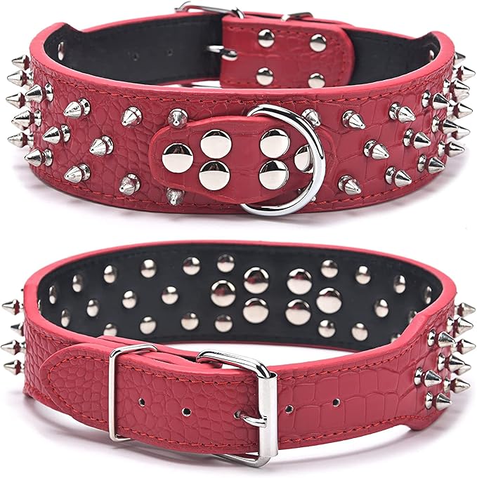 Serijoars Spiked Studded Dog Collar, PU Leather Dog Collar, Adjustable Pet Collars for Medium or Large Breed Pet (L, Black1)