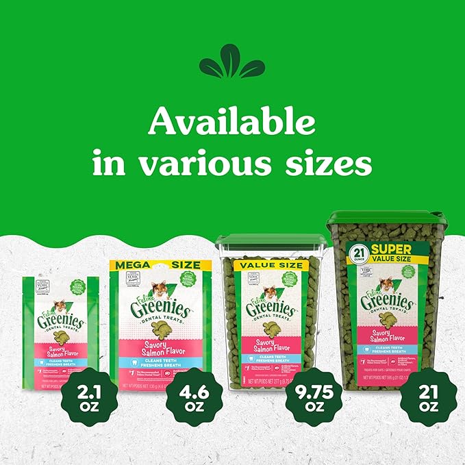 Greenies Feline Adult Dental Cat Treats, Savory Salmon Flavor, 9.75 oz. Tub