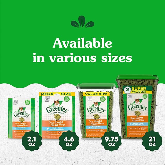 Greenies Feline Adult Dental Cat Treats, Oven Roasted Chicken Flavor, 9.75 oz. Tub