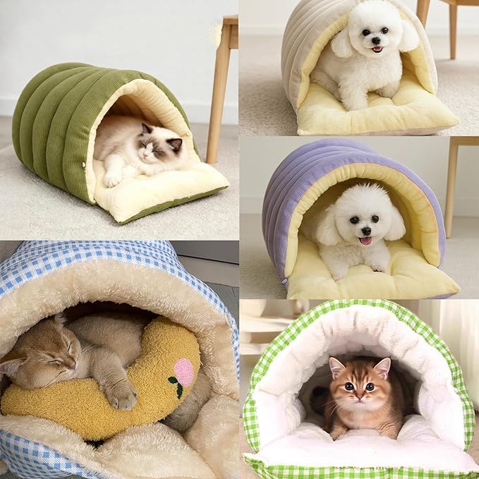 Expectation Cat Bed, Removable and Washable Winter Closed-Off Cat Bed, Soft Fluffy Warm Autumn/Winter Cats House, Washable Non-Slip Pet Sleeping Bag for Indoor Cats Small Dogs (I,Medium)