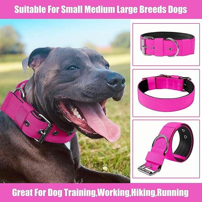 Heavy Duty Tactical Dog Collar - 1.5" Width Military Durable Thick Nylon with Adjustable Metal D Ring & Buckle Working Training K9 Collar for Medium Large Dogs (XL(23"-26"), Hot Pink)