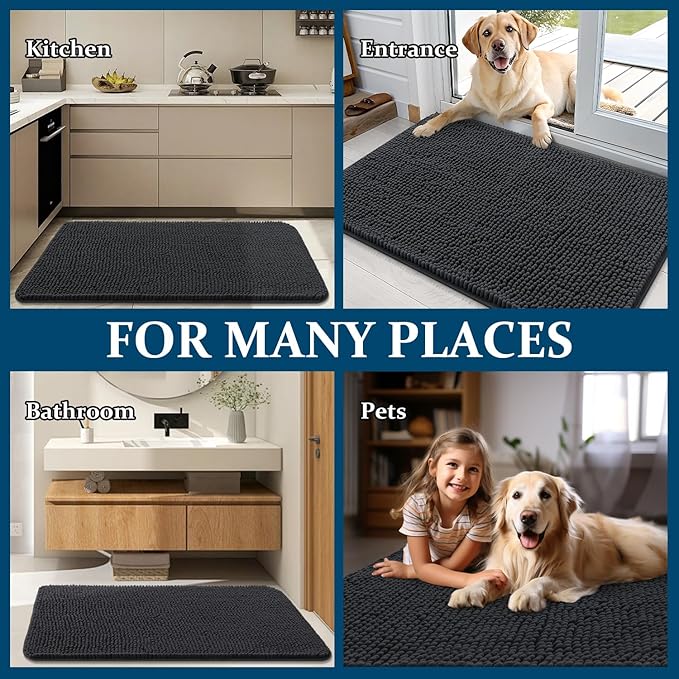 OLANLY Dog Door Mat for Muddy Paws 59x35, Absorbs Moisture and Dirt, Absorbent Non-Slip Washable Doormat, Quick Dry Chenille Mud Mat for Dogs, Entry Indoor Entryway Carpet for Inside Floor, Dark Grey