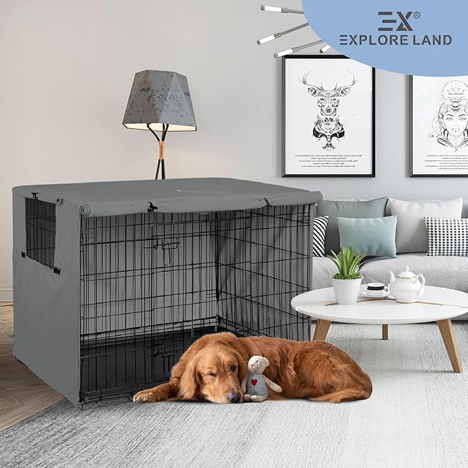 Explore Land Dog Crate Cover Heavy Duty Polyester Pet Kennel Sunshade Universal Fit for 30 inches Wire Cage (Grey)