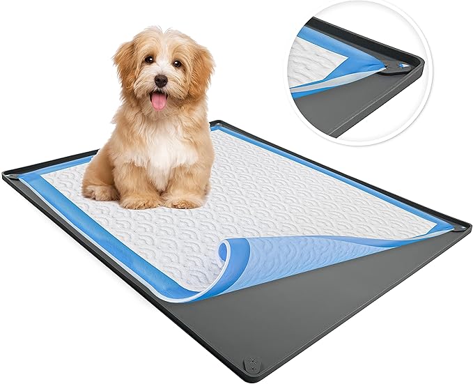 TidyFriend Dog Pee Pad Holder Tray Fits for 24” x 36” Pee Pads with Corner Lock Holes, Raised Edges, Non-Spill, Easy to Clean Silicone Dog Potty Tray Holder, for Indoor Floor Protection (Grey)