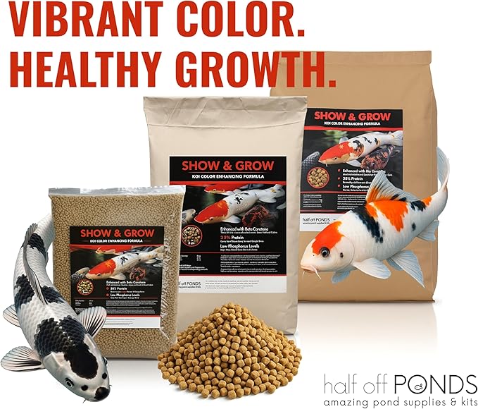 HALF OFF PONDS Show & Grow Koi Fish Food - 20 lb Floating Pellets, 5mm Size - Goldfish Food for Ponds - 35% Protein with Beta Carotene & Vitamins - Enhances Color Vibrancy & Body Definition