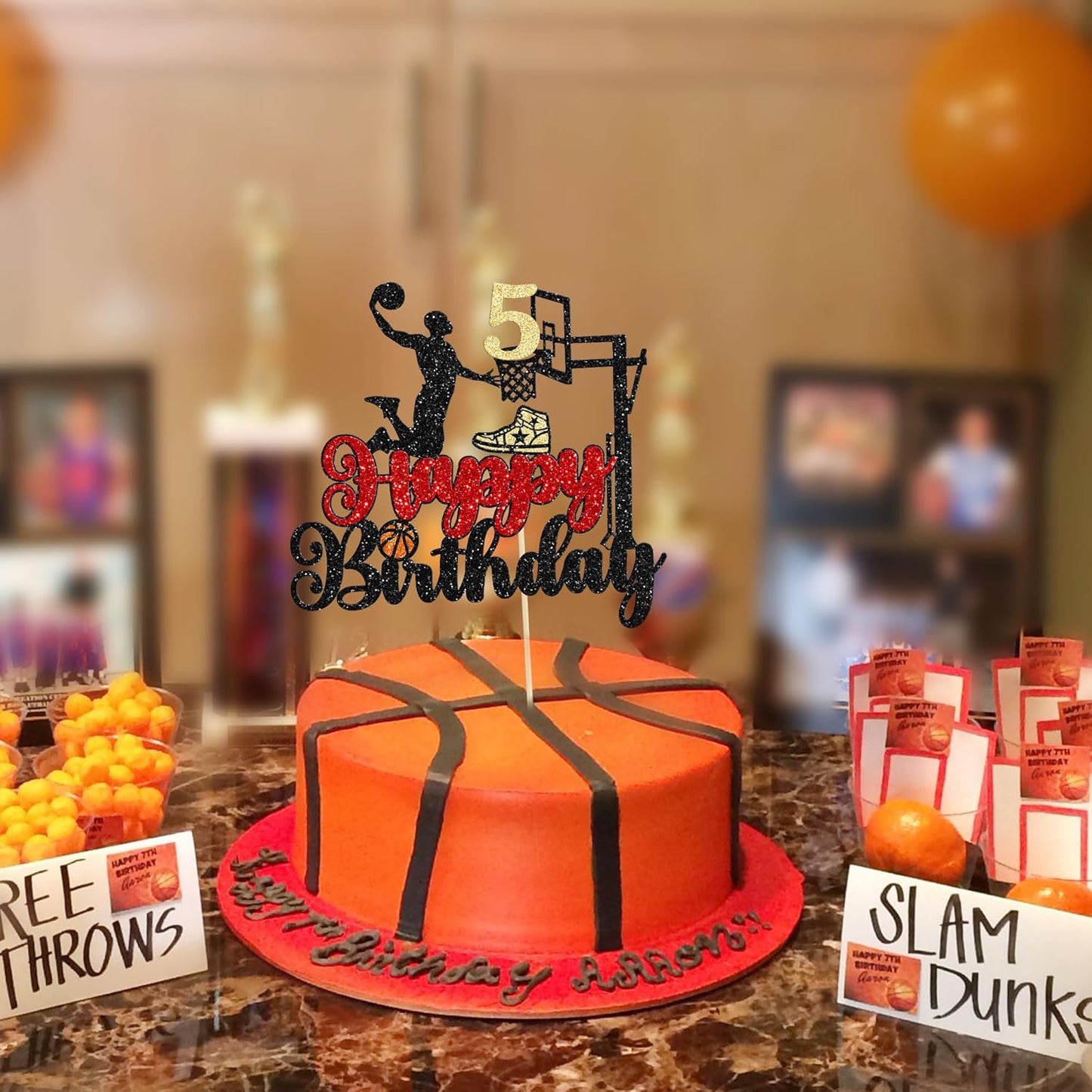 1Pc 5th Birthday Basketball Cake Topper Glitter Basketball Sports Theme Cake Pick for Baby Shower 5th Birthday Cake Decorations Party Supplies Black