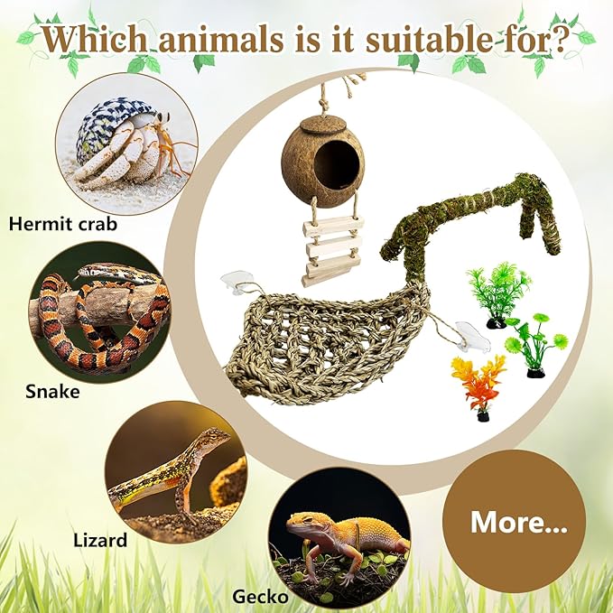 6 PCS Hermit Crab Accessories Set Small Bendable Moss Hermit Crab Climbing Toys Coconut Shell Hut with Ladder Climbing Hammock with Suction Cup Plants for Reptile Amphibian