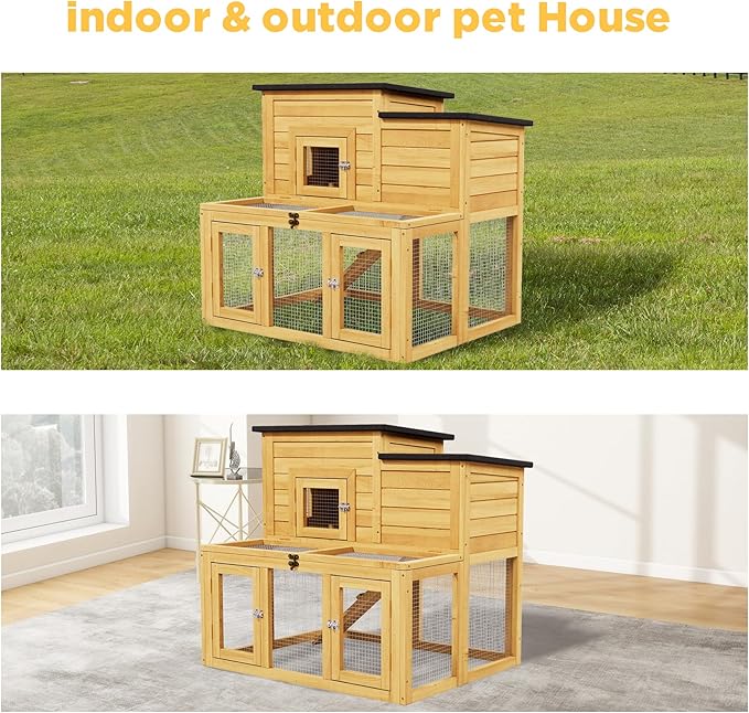 Large Wooden Bunny Rabbit Hutch Indoor Outdoor,Medium Elevated Chicken Coop for 2-4 Chickens,Poultry Pet Run Cage with Non-Slip Ramp & Removable Tray for Small-Medium Animals (Natural Wood)