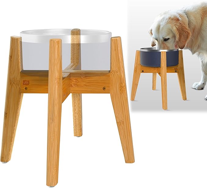 Dog Bowl Stand (12-inch High) - Ideal for Large Breeds - Adjustable Sideways, Slanted Feet - Elevates, Raises Pet Food Feeders, Water Dishes, Fountains, Dispensers - Bamboo Stand Only