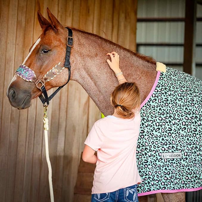 Jeffers Expression Fleece Cooler for Horses, Standard Neck, Party Cheetah 72"- Equine Towel Blanket, Moisture Absorbent, Light Weight, Best for Drying, Exercise, Bathing, Adjustable Belly Bands