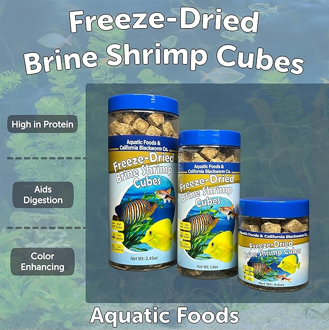 Aquatic Foods Inc. Brine Shrimp, Freeze Dried Floating Brine Cubes for Cichlids, Discus, Tetras, Goldfish, Bettas, Angel Fish, Marines, All Tropicals, Aquatic Turtles 2.45oz Canister