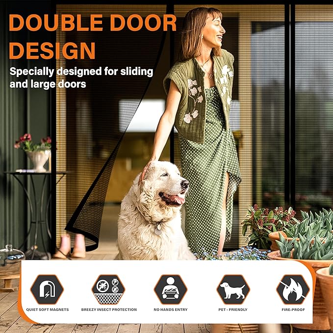Double Door Fiberglass Magnetic Screen Door,Screen Door Mesh,Keep Bugs Out, Heavy-Duty Mesh Curtain,Pet and Kid Friendly, Works with Front Doors, Sliding Doors(64x80 Inch