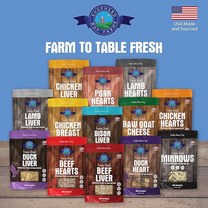 Shepherd Boy Farms Freeze Dried Dog and Cat Treats, Chicken Heart, All Natural Freeze-Dried Dog Treat & Snacks, Made in USA, High in Protein, Essential Nutrition of Raw Food, 8oz
