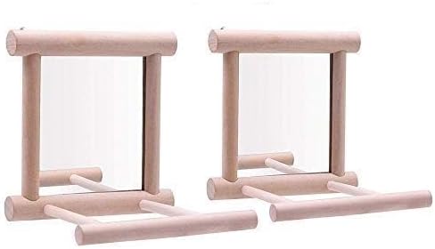 Bird Mirror Wooden Hanging Swing Interactive Play Toys for Small Parrot Budgies Macaw African Grey Parakeet Cockatiel Conure Lovebird Cage Accessories (Bird Mirror Perch Stand-2 PCS)