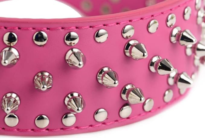 Serijoars Spiked Studded Dog Collar, PU Leather Dog Collar, Adjustable Pet Collars for Medium or Large Breed Pet (XL, Hot Pink)