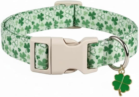 XS Dog Collar for St. Patrick's Day, Cute Dog Collar with Green Clover for Puppy, Extra Small & Small Dogs, Adjustable Puppy Collar with Soft Fabric and Quick Release Buckle