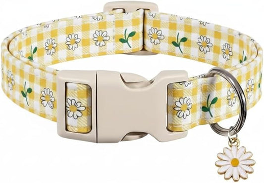 Cute Dog Collar, Yellow Plaid Dog Collar with White Floral Pattern, Spring Summer Design Floral Collar for Girls Boys Medium Dogs