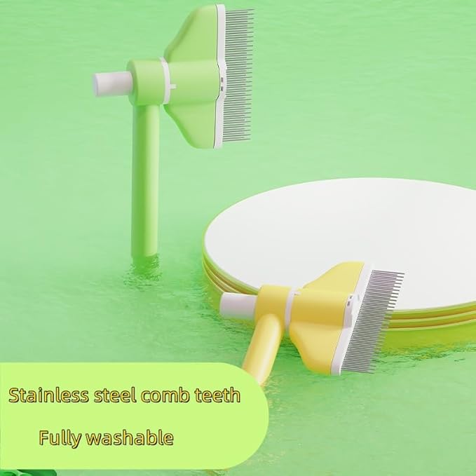 360° Press and Rotate Flea Comb for Cats and Dogs - Self-Cleaning Pet Hair Removal Tool with Release Button & Long-Short Stainless Steel Teeth for Shedding (Yellow)