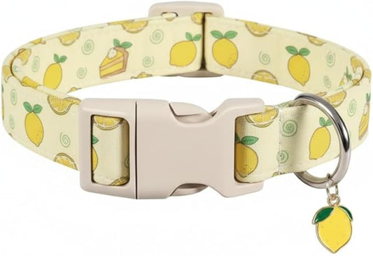 Dog Collar, Spring Summer Dog Collar with Yellow Lemon and Cute Charm, Pet Collar with Quick Release Buckle and Durable Fabric, Suitable for Small Dogs