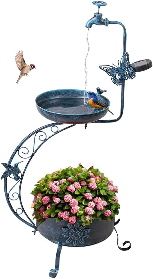 VEWOGARDEN Vintage Solar Bird Bath for Outside Garden with Planter, Outdoor Metal Standing Birdbath for Garden Yard Patio Decoration, Blue