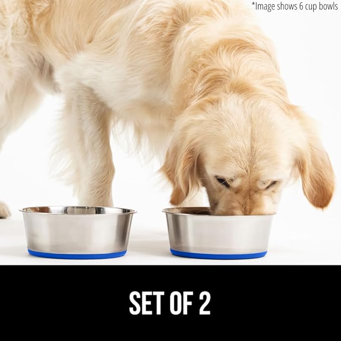 GORILLA GRIP Set of 2 Dog Bowls, Holds 8 Cups (64 fl oz), Heavy Duty Metal Food and Water Bowl for Feeding Dogs and Cats, Dishwasher Safe, Rust Resistant Stainless Steel, BPA Free Rubber Base, Blue