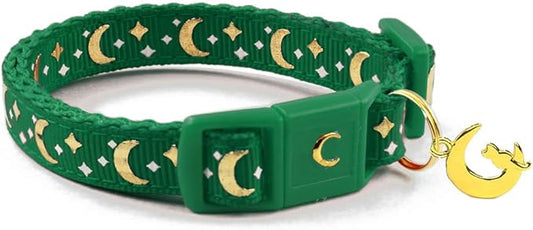 waaag Gold Moons and Stars Safety Breakaway Cat Collar, Glow in The Dark (Kitten 6.5"-10" Neck, Emerald)