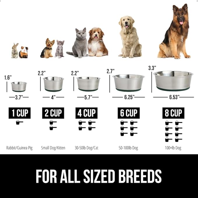 GORILLA GRIP Set of 2 Dog Bowls, Holds 6 Cups (48 fl oz), Heavy Duty Metal Food and Water Bowl for Feeding Dogs and Cats, Dishwasher Safe, Rust Resistant Stainless Steel, BPA Free Rubber Base, Green