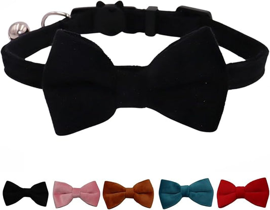 Cat Collar Breakaway with Bell and Removable Bow Tie Safety Buckle Velvet Adjustable 7-11 inches for Kitten Cats (Black)
