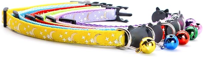 Reflective Cat Collars Breakaway with Bell 2-Pack Girl Boy Pet Kitten Collar with Star Moon Patetrn Adjustable 7.5-12.5 Inch (Pink)