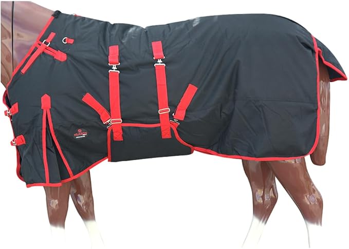 Black with Red Trims 75 Inch HILASON 1200D Winter Waterproof Poly Horse Turnout Blanket Belly Wrap