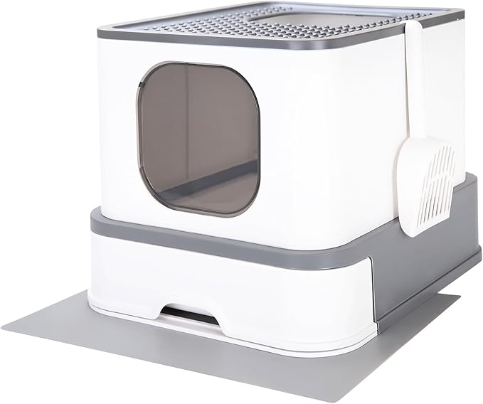 RIZZARI Cat Litter Box Stainless Steel Top-Entry : Leak-Proof Enclosed Design Reduces Odor, for Indoor Cats & Owners (Dark Gray)