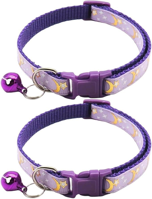 Reflective Cat Collars Breakaway with Bell Moons Stars 2 Pack Girl Boy Pet Kitten Collar Adjustable 7.5-12.5 Inch (Purple)