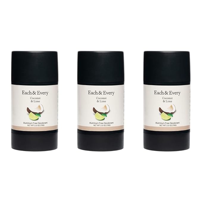 Each & Every All Natural Deodorant for Women & Men - Sensitive Skin, Plant-Based, Baking Soda & Aluminum-Free Deodorant - Long Lasting 24 Hr Odor Control - Coconut & Lime Travel Size (3 Pack, 2.5oz)