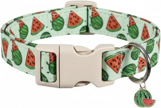 Summer Dog Collar for Medium Dogs, Cute Dog Collar with Watermelon Pattern and Pendant, Green Pet Collar with Soft Cotton Fabric and Robust Buckle
