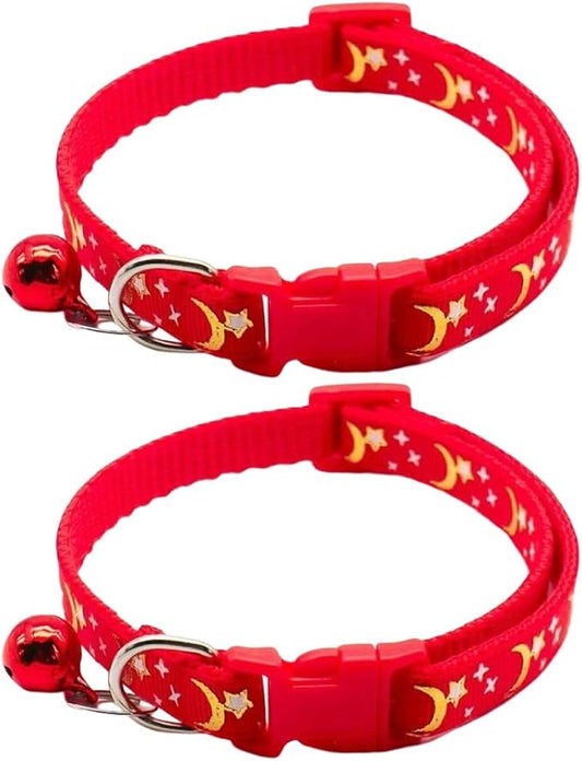 Reflective Cat Collars Breakaway with Bell Moons Stars 2 Pack Girl Boy Pet Kitten Collar Adjustable 7.5-12.5 Inch (red)