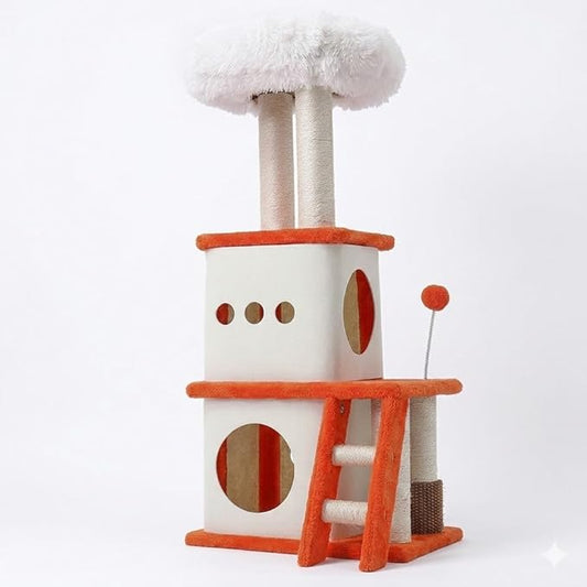 37.4-inch Cat Tree, Cat Tree Tower with Twin Cat Condos for Indoor Cats, Plush Cat House with Padded Perch, Scratching Ladder and Posts and Plush Balls for Kitty Play, Orange