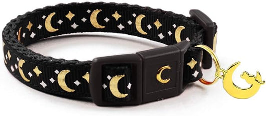waaag Gold Moons and Stars Safety Breakaway Cat Collar, Glow in The Dark (Standard 9"-15" Neck, Black)