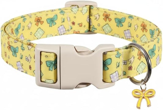 Small Dog Collar with Cute Bowtie Print, Girl Dog Collar for Puppy, Extra Small & Small Dogs, Spring Summer Yellow Puppy Collar with Pendant and Soft Fabric, XS