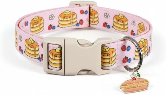 Pink Dog Collar, Girl Dog Collar with Pancake Print, Cute Spring Summer Food Collar with Soft & Breathable Fabric, Adjustable Pet Collar for Small Medium Large Dogs