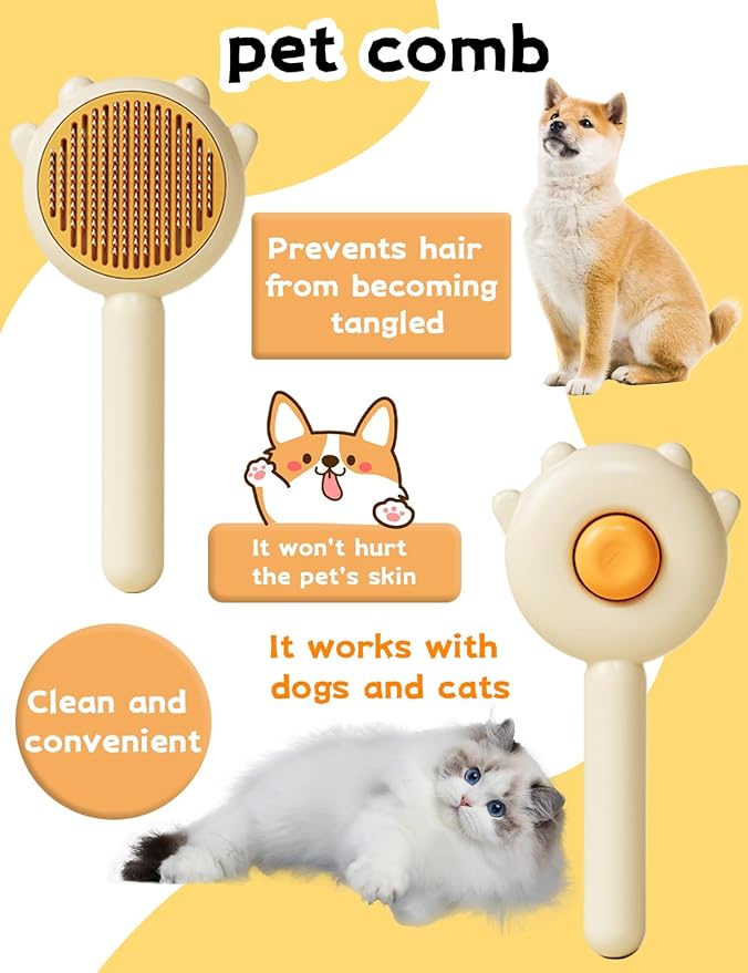 Cat & Dog Grooming Brush (Purple) - Stainless Steel Tooth Comb, Rubber Massage Needles, Self-Cleaning, Suitable for Kittens to Long-Haired Cats & Dogs